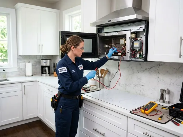 Appliance Repair Hero technician testing an over-the-range microwave in a Beaman, IA kitchen